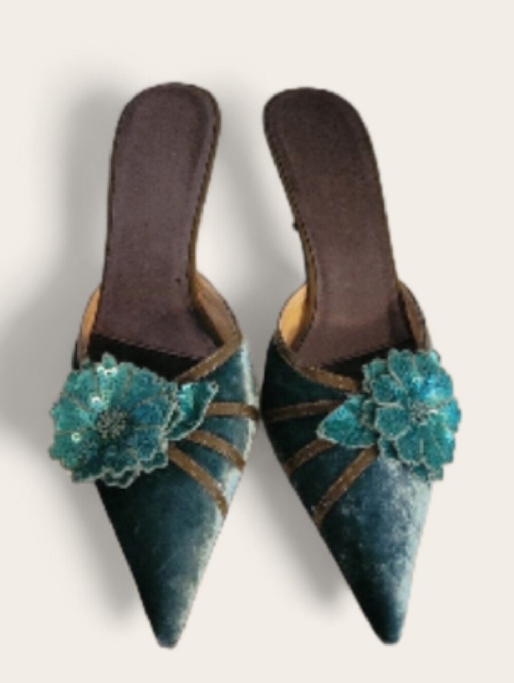 Isabella Fiore Teal Velvet Pointed-Toe Mules with Floral Sequin Accent size 9.5